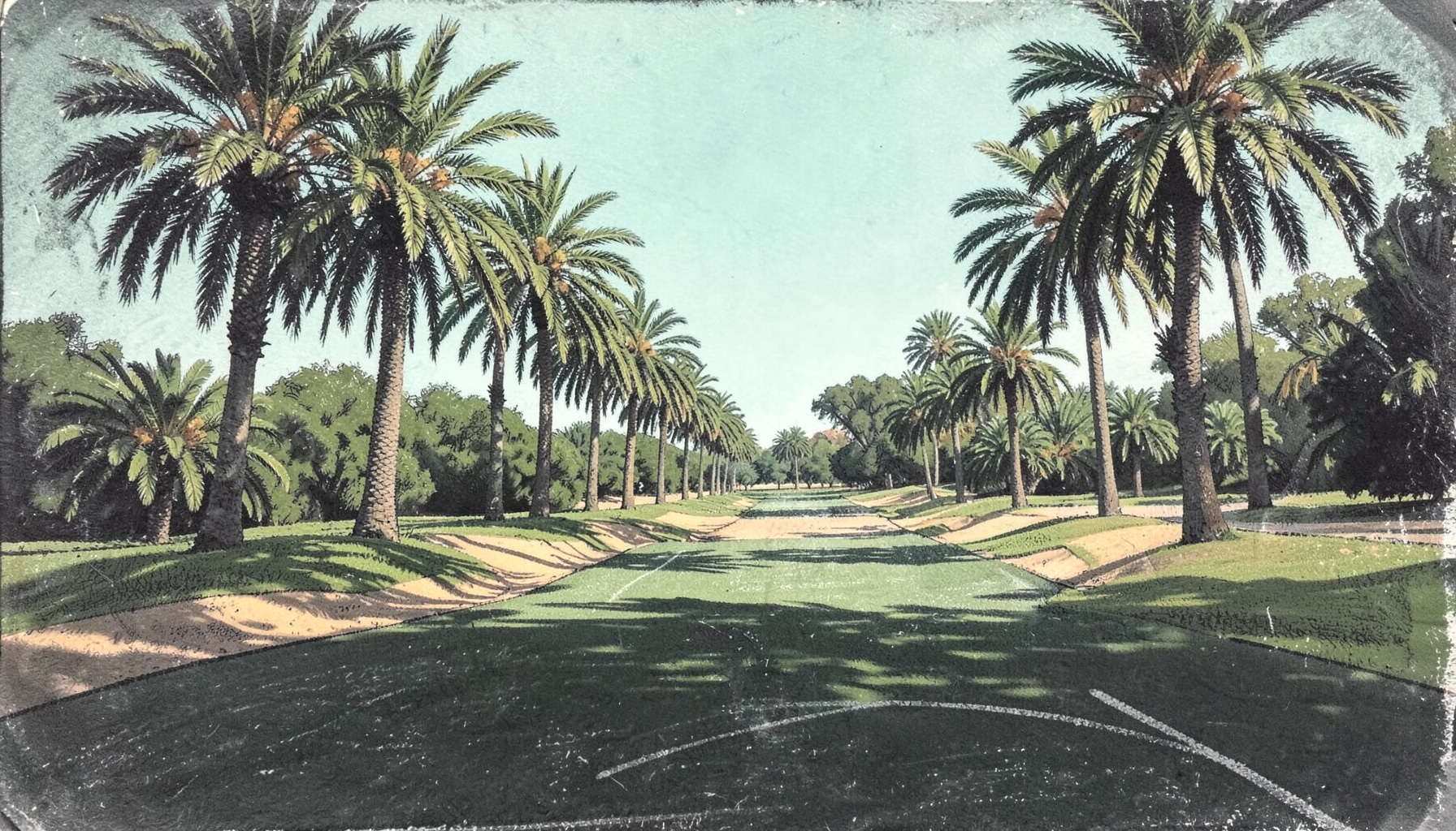 Sunlit golf course fairway lined with mature palm trees under a pale teal sky, warm sand tones and deep green shadows