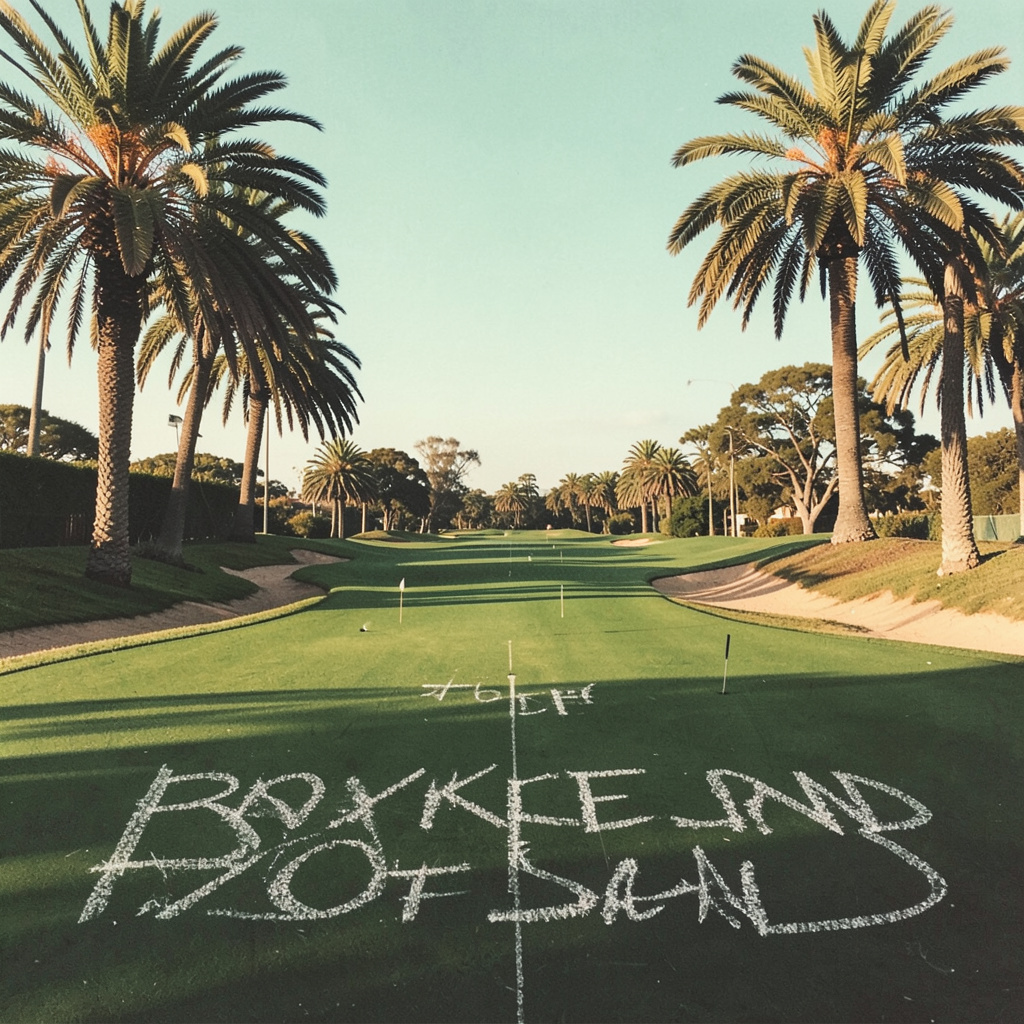 Sunlit golf fairway on The Old Course at Broken Sound, framed by mature palms and a pale teal sky, with warm sand tones and deep green turf